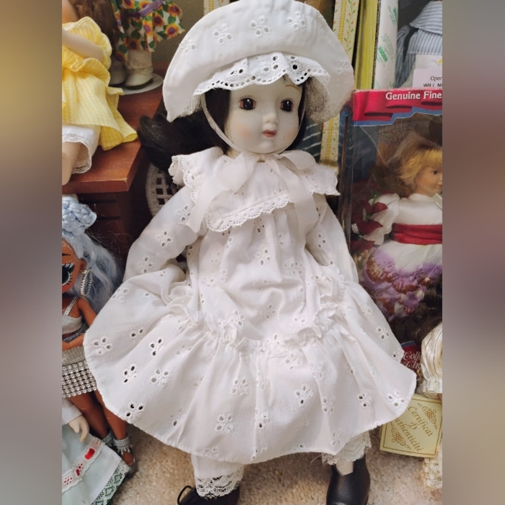 Collectable White Porcelain Doll W/ Chair